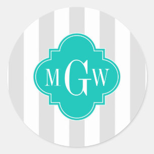 Aquamariner grauer Streifen Quatrefolie 3 Monogram Runder Aufkleber