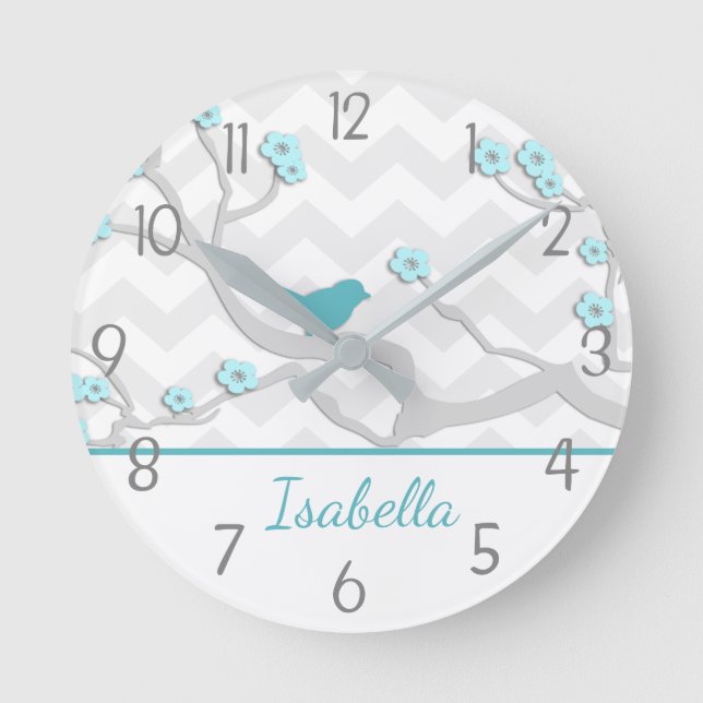 Aquamariner grauer Vogel aus Aqua auf der Wall-Kin Runde Wanduhr (Vorderseite)