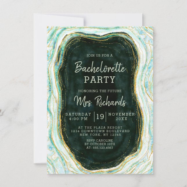 Aquamariner Green & Gold Agate Marble Junggeselinn Einladung (Vorderseite)