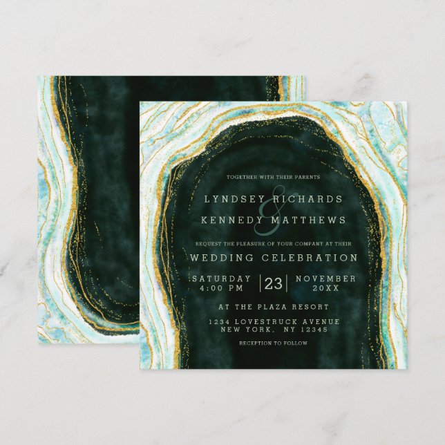 Aquamariner Green & Gold Agate Marble Rock Wedding Einladung (Vorne/Hinten)