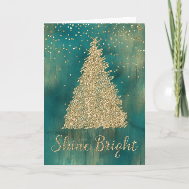 Aquamariner Green Gold Glitzer Shine Weihnachtsbau Karte (Vorderseite)