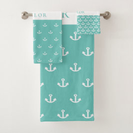 Aquamariner grüner Anker, weißes nautisches Monogr Badhandtuch Set