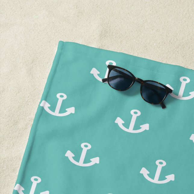 Aquamariner grüner Anker, weißes nautisches Monogr Strandtuch (Beispiel)