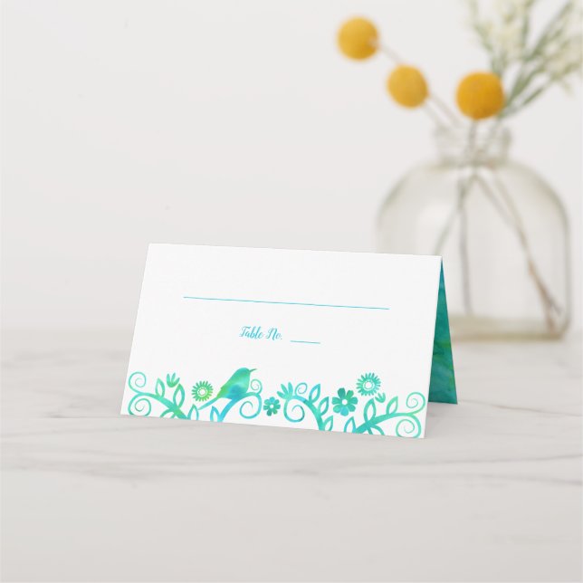 Aquamariner, grüner Aquarellbaum Platzkarte (Vorderseite)