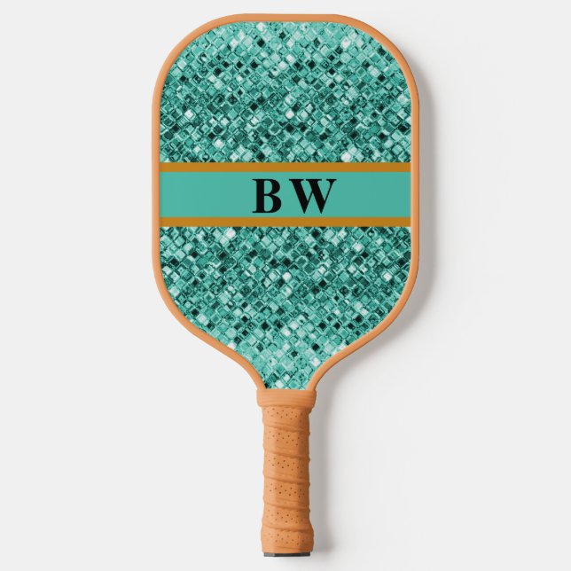 Aquamariner grüner Glitzer Individuelle Name Monog Pickleball Schläger (Vorderseite)