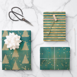 Aquamariner Grüner Glitzer Weihnachtsbaum Geschenkpapier Set