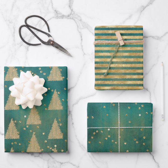 Aquamariner Grüner Glitzer Weihnachtsbaum    Geschenkpapier Set (Vorderseite)