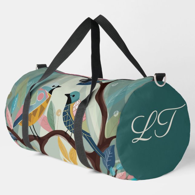 Aquamariner grüner, moderner farbiger Vogel Duffle Bag (Linke Ecke)