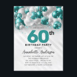 Aquamariner Grüner Silberballon Glitzer 60. Geburt Postkarte<br><div class="desc">Moderner Glam Aquamariner grüner Silberballon Glitzer Sparkle jedes Alter Geburtstag Einladung</div>