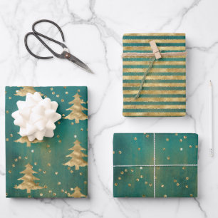 Aquamariner Grüner Wasserfarben Goldweihnachtsbau Geschenkpapier Set