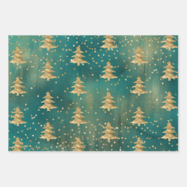 Aquamariner Grüner Wasserfarben Goldweihnachtsbaum Geschenkpapier Set