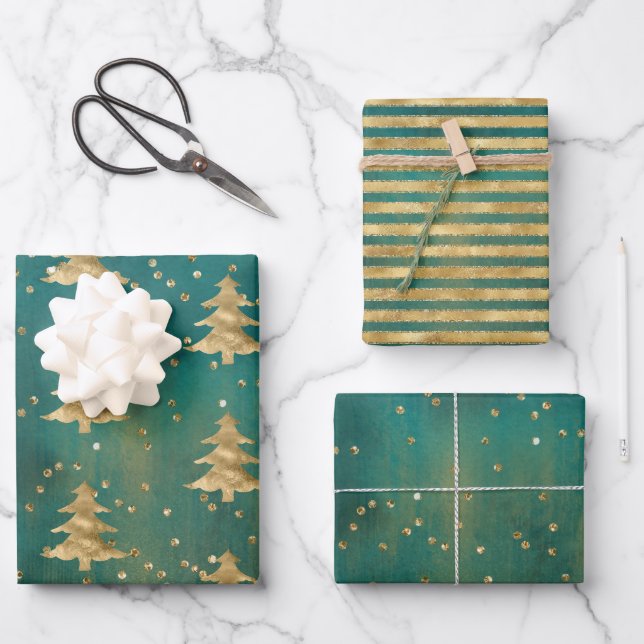 Aquamariner Grüner Wasserfarben Goldweihnachtsbaum Geschenkpapier Set (Vorderseite)