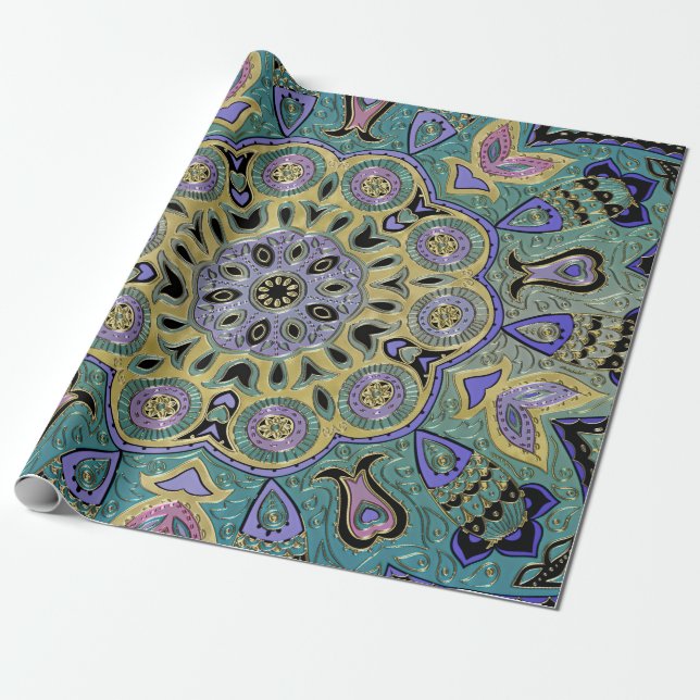 Aquamariner grünes Goldlila PentagramMandala Geschenkpapier (Ungerollt)