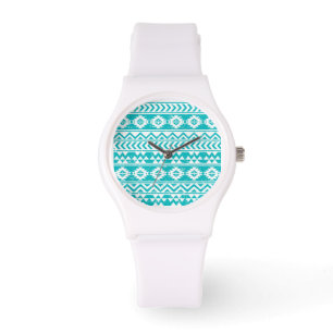 Aquamariner Grunge-aztekisches Stammes- Muster Armbanduhr