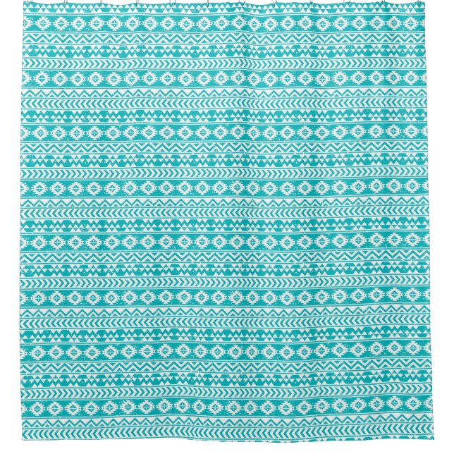 Aquamariner Grunge-aztekisches Stammes- Muster Duschvorhang (Vorderseite)
