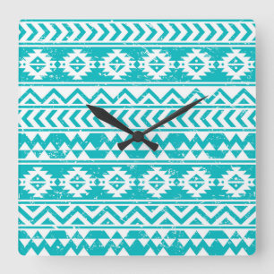 Aquamariner Grunge-aztekisches Stammes- Muster Quadratische Wanduhr