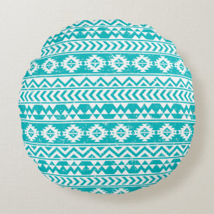 Aquamariner Grunge-aztekisches Stammes- Muster Rundes Kissen