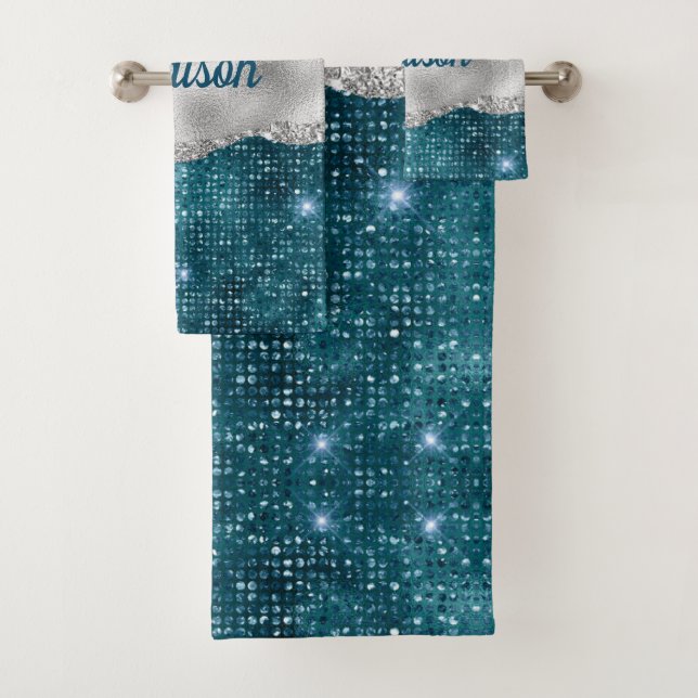 Aquamariner, gürtelgrüner Glitzer silber Monogramm Badhandtuch Set (Insitu)