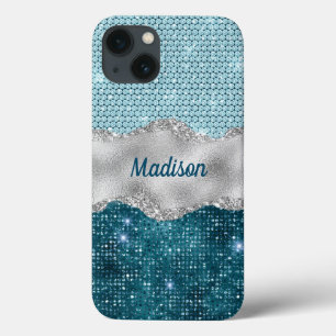 Aquamariner, gürtelgrüner Glitzer silber Monogramm Case-Mate iPhone Hülle