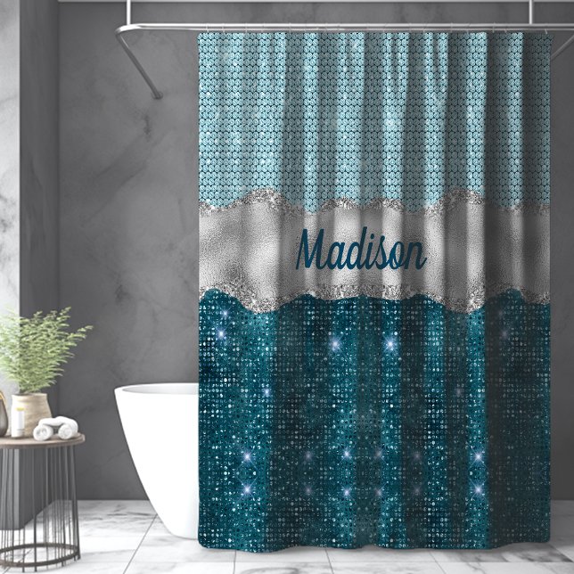 Aquamariner, gürtelgrüner Glitzer silber Monogramm Duschvorhang (Von Creator hochgeladen)