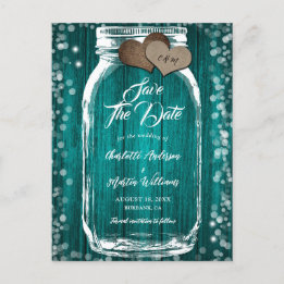 Aquamariner Holzmason Jar Rustikale Hochzeit rette Ankündigungspostkarte
