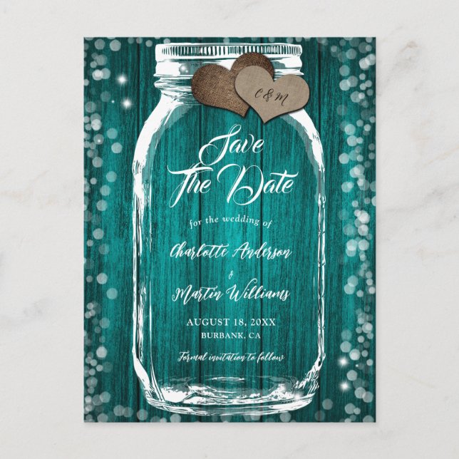 Aquamariner Holzmason Jar Rustikale Hochzeit rette Ankündigungspostkarte (Vorderseite)