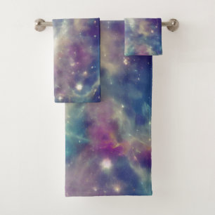Aquamariner kosmischer Nebel aus blauem Violett Badhandtuch Set