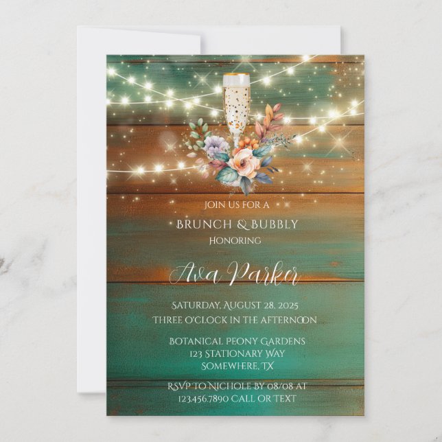 Aquamariner Kupfer Holzpeony Light Brunch & Bubbly Einladung (Vorderseite)