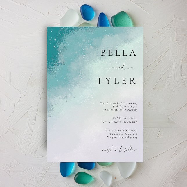 Aquamariner Lavendel aus dem Küstenmeer Elegante H Einladung (coastal wedding invitation sea glass teal blue lavender purple modern ocean beach elegant classic)