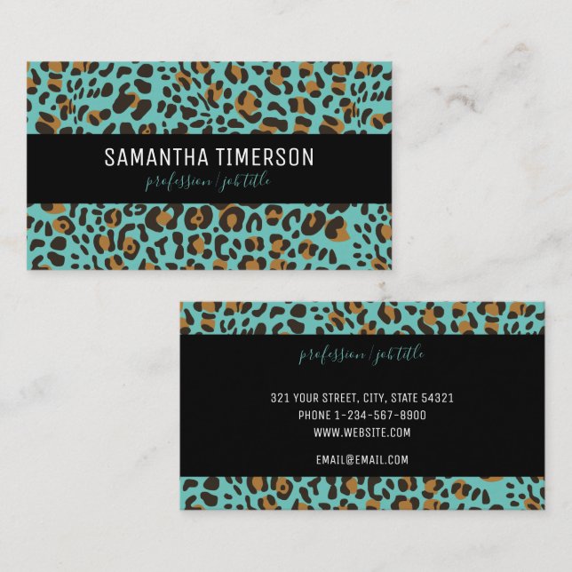 Aquamariner Leopard-Tierdruck Moderne Beruflich Visitenkarte (Vorne/Hinten)