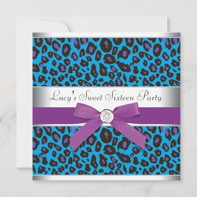 Aquamariner Lila Leopard Sweet 16 Party Einladung (Vorderseite)