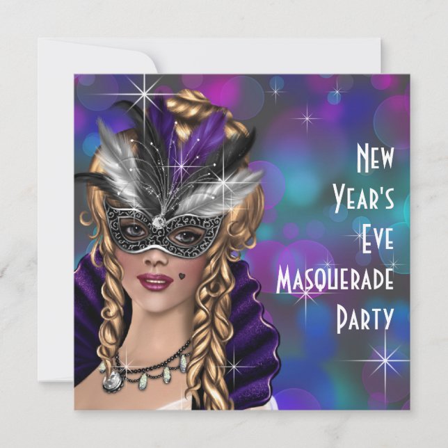 Aquamariner Lila Silvester Masquerade Party Einladung (Vorderseite)