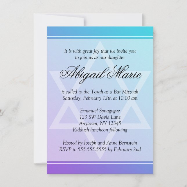 Aquamariner Lila Star von David Bat Mitzvah Einladung (Vorderseite)