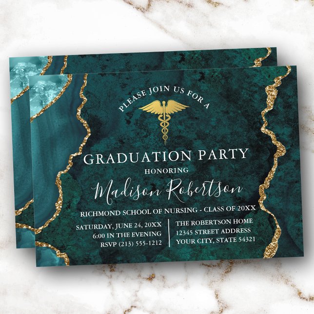 Aquamariner Marmor Gold Medical Grad Party Einladung (Customize to add text or a photo to back of card.)