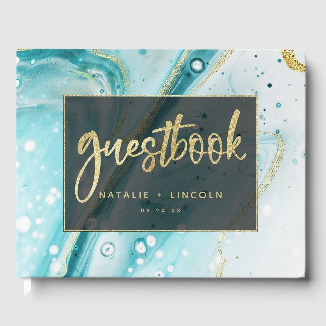 Aquamariner Marmor mit Goldfolie-Hochzeit Gästebuch (Vorderseite)