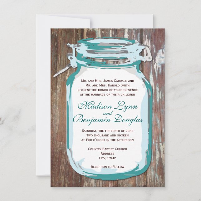 Aquamariner Mason Jar Rustic Barnholz Hochzeit Ein Einladung (Vorderseite)