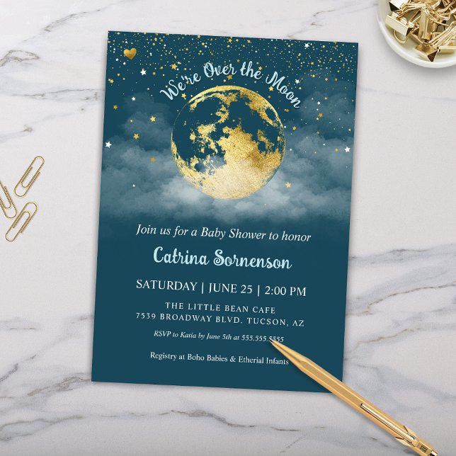Aquamariner Mond und Stars Gold Celestial Baby Dus Einladung (Teal Aqua and Gold Over the Moon Baby Shower Invitation Gender Neutral Celestial Theme)