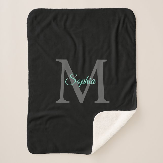 Aquamariner Name, graues Monogramm, schwarzer Sher Sherpadecke (Vorderseite)