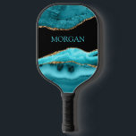 Aquamariner Name, Schwarz, Gold und Aquamariner Na Pickleball Schläger<br><div class="desc">Personalisieren Sie Ihren Namen in Sky Blue auf Black,  Gold & Aquamarin Agate.</div>