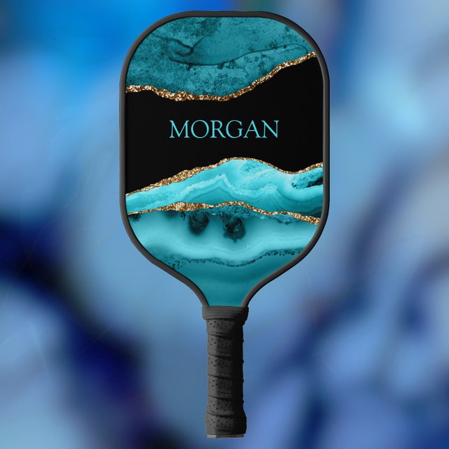 Aquamariner Name, Schwarz, Gold und Aquamariner Na Pickleball Schläger (Von Creator hochgeladen)