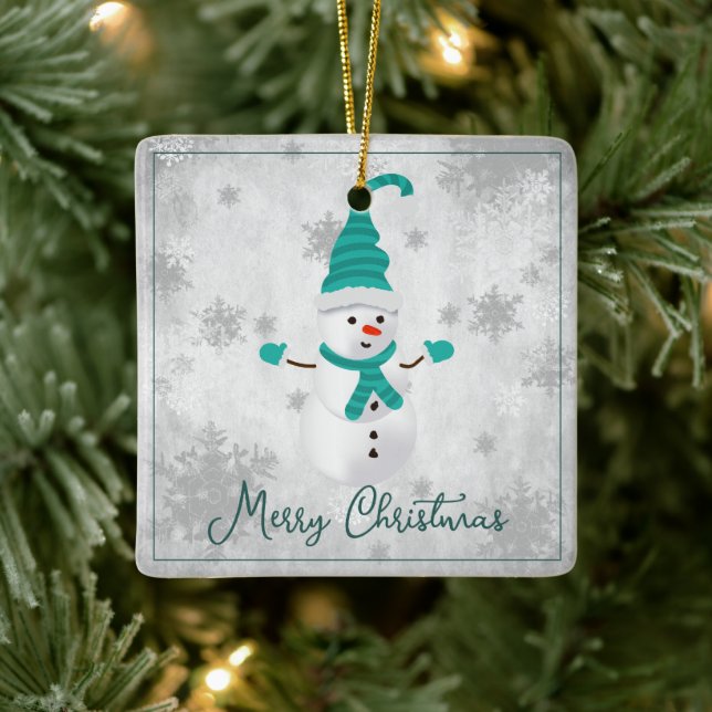 Aquamariner Niedlicher Schneemann Keramik Ornament (Baum)