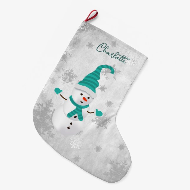 Aquamariner Niedlicher Snowman Holiday Strumpf Großer Weihnachtsstrumpf (Vorderansicht (hängend))