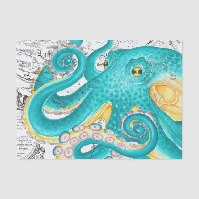 Aquamariner Oktopus Wasserfarbe Seidenpapier (Vorderseite)