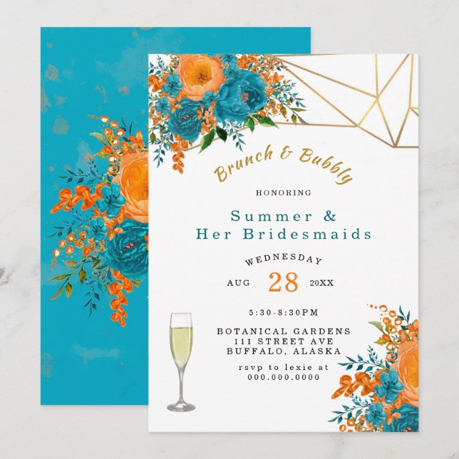 Aquamariner orangefarbener Brunch und Bubbly Einladung (Vorne/Hinten)
