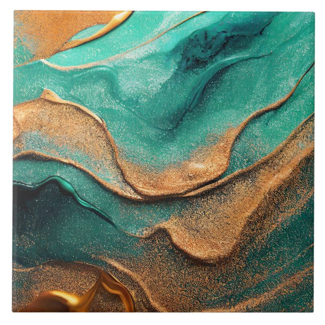 Aquamariner Ozean und Bronze Abstrakt Art Fliese (Vorderseite)