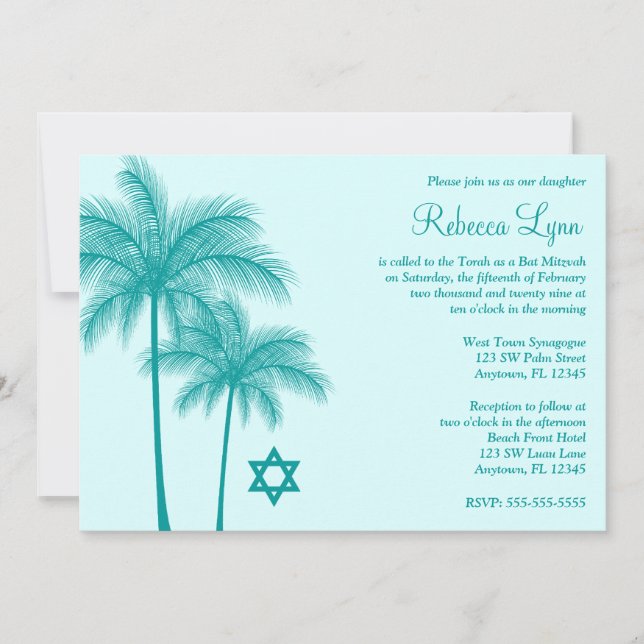 Aquamariner Palmenbaum Tropical Bat Mitzvah Einlad Einladung (Vorderseite)