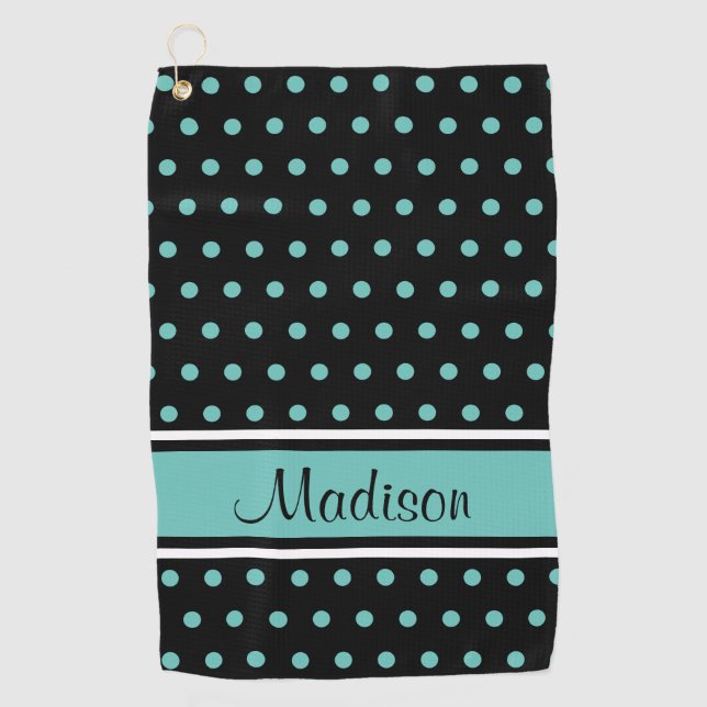 Aquamariner Polka-Dot-Strip-Skriptname Golfhandtuch (Vorderseite)