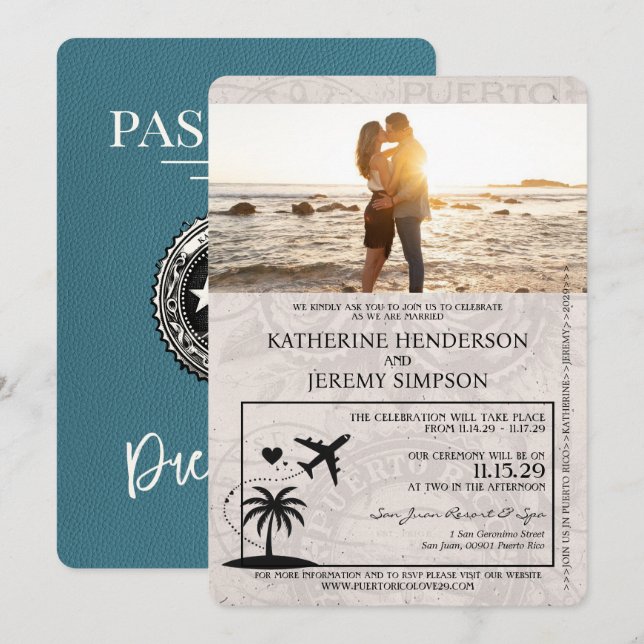 Aquamariner Puerto Rico Passport Hochzeit Einladun Einladung (Vorne/Hinten)