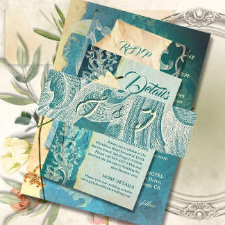 Aquamariner Rokoko-Bildlauf mit elegantem Monogram Einladungsbanderole