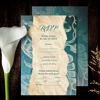 Aquamariner Rokoko Scroll mit Vintager Eleganz RSVP Karte